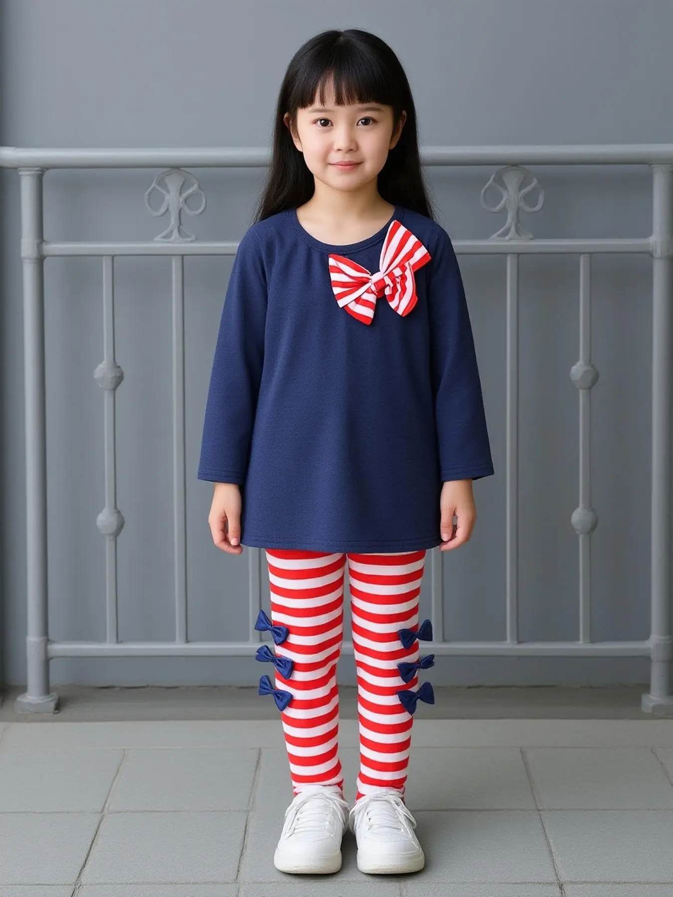 Mädchen-Outfit mit Schleifendekoration, Oberteil + Hose, 2-teilig, langärmliges, einfarbiges T-Shirt, Sweatshirt + gestreifte Leggings, Freizeitkleidung für Kinder, Frühlingsanzug – Detail 1