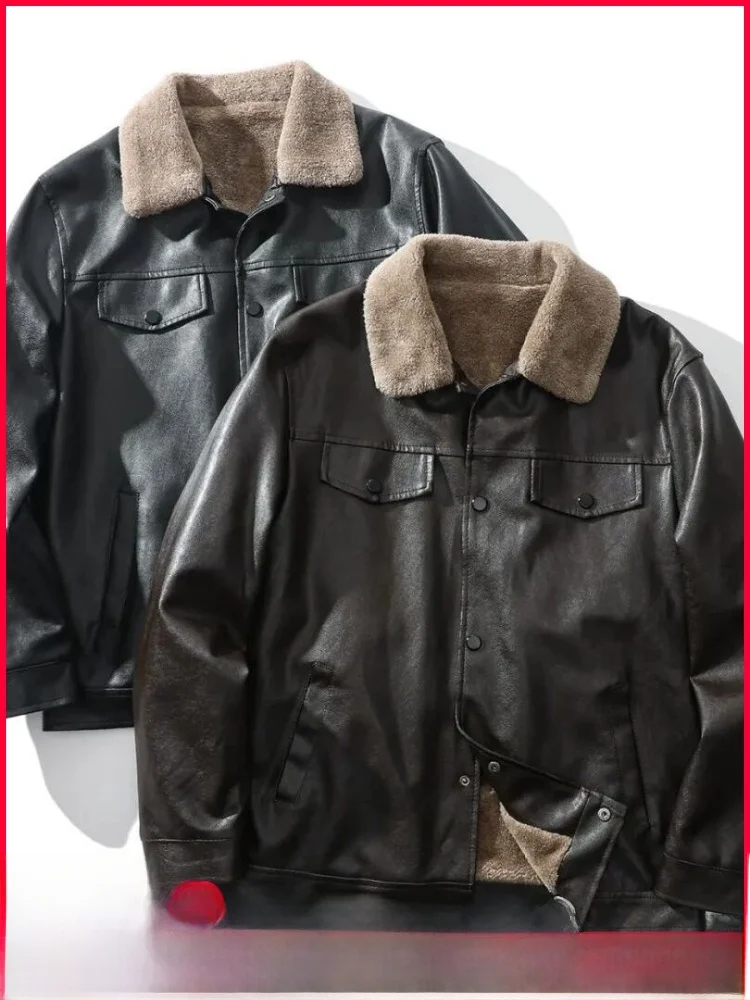 

Waed PU Leather Jaet Men's Vintage Warmth Functional Sle American Cool Winter Coat with Fce Collar Casual Faion