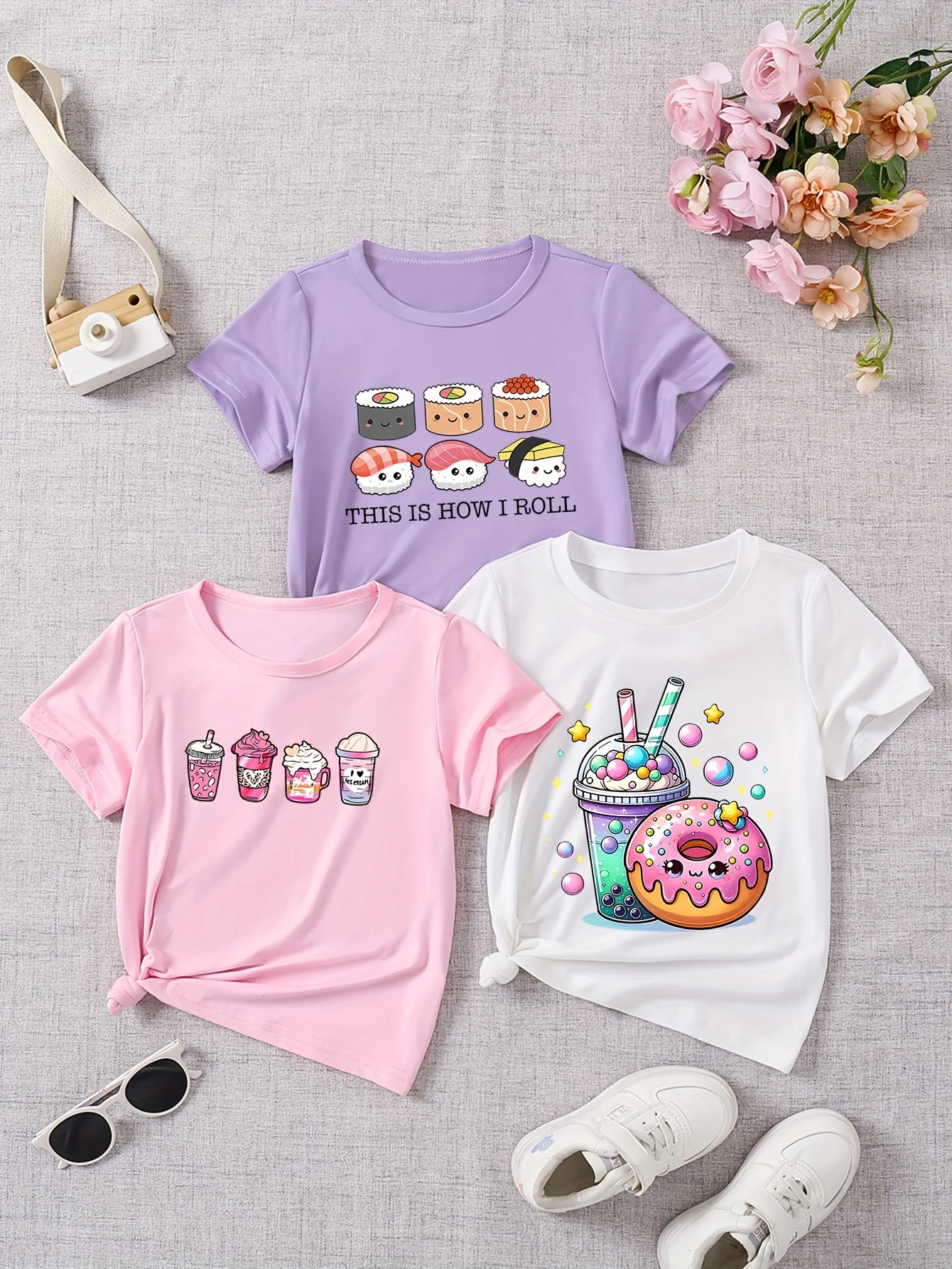 

3 шт.: летняя милая милая футболка для девочек — принт «Чай с молоком» и суши с мультяшным принтом