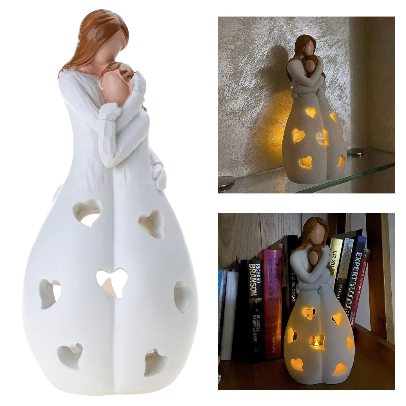 Mother Hugging Daughter Statue Resin Figurines Candlestick with LED Candle Gifts