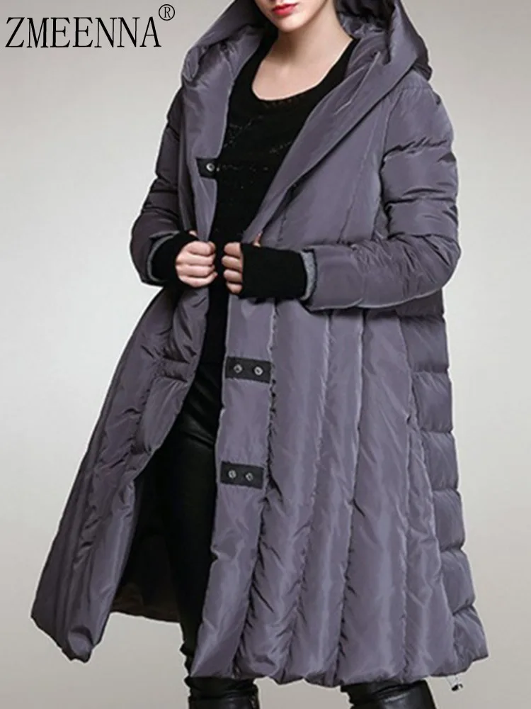 

ZMEENNA Womens Puffer Coat Vertical Hooded Design Swing Hem Warm Winter Down Jacket Press Button Fastening Gray ZM4470
