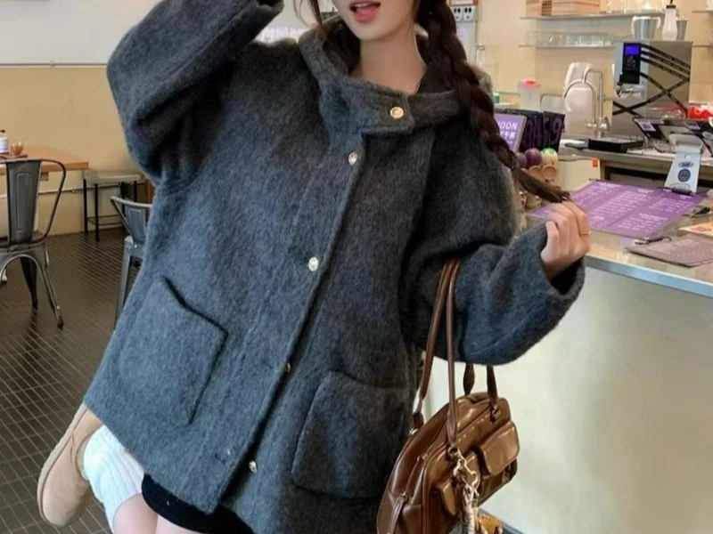 

Hooded Woolen Winter Premium Button 2025 Coat Autumn and Winter Woolen Coat New Loose Temperament Top