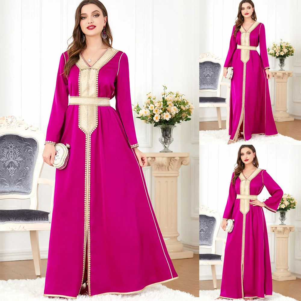 

Dubai Abayas 2024 Elegant Embroidery V-Neck Long Sleeve Party Dress With Belt Islam Oman Morocco Dresses For Women Eid Ramadan