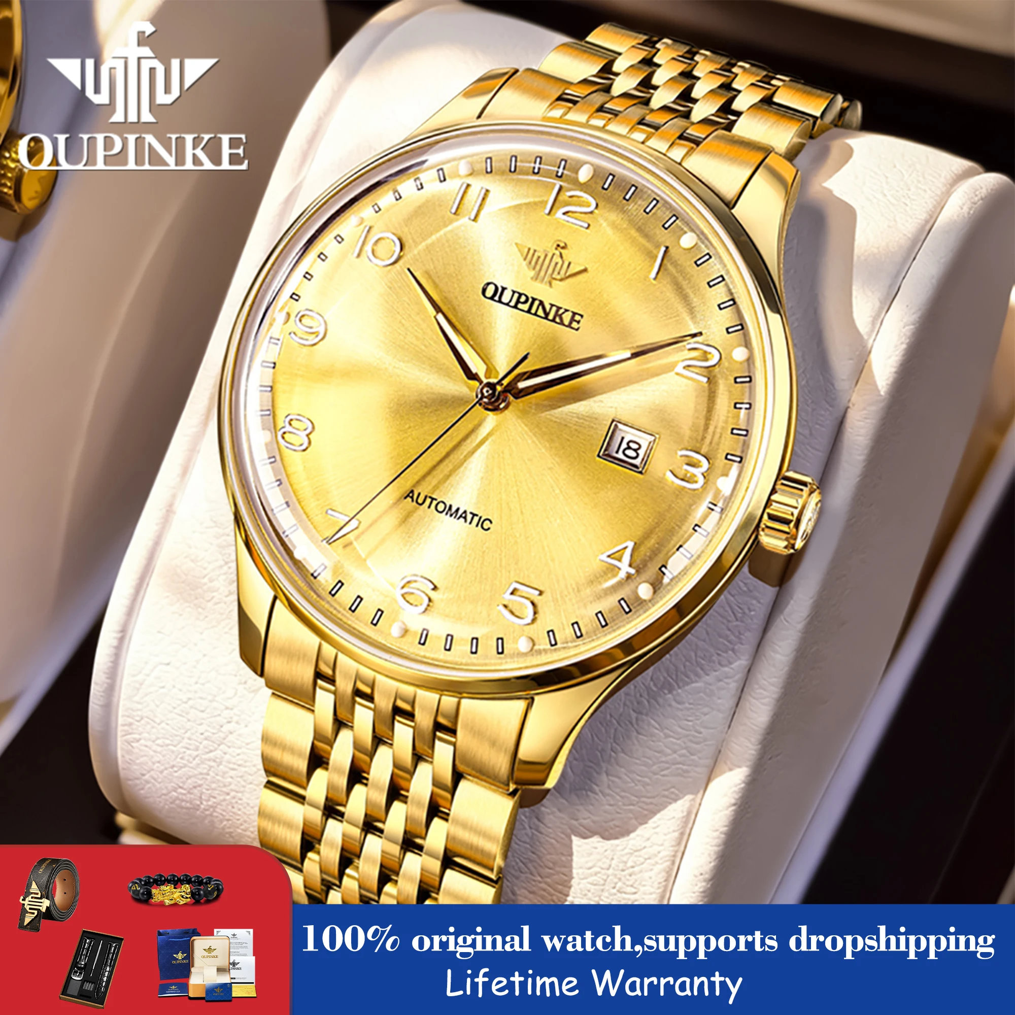 

Часы OUPINKE 3319, роскошные деловые автоматические механические часы с сапфировым стеклом, водонепроницаемые, с указателем даты, наручные часы для мужчин, подарочная коробка.