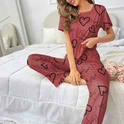 Women's Soft Home Clothing Heart Print Pajama Set Summer Short Sleeve Top & Elastic Pants Pyjama Women Sleepwear Loungewear Sets