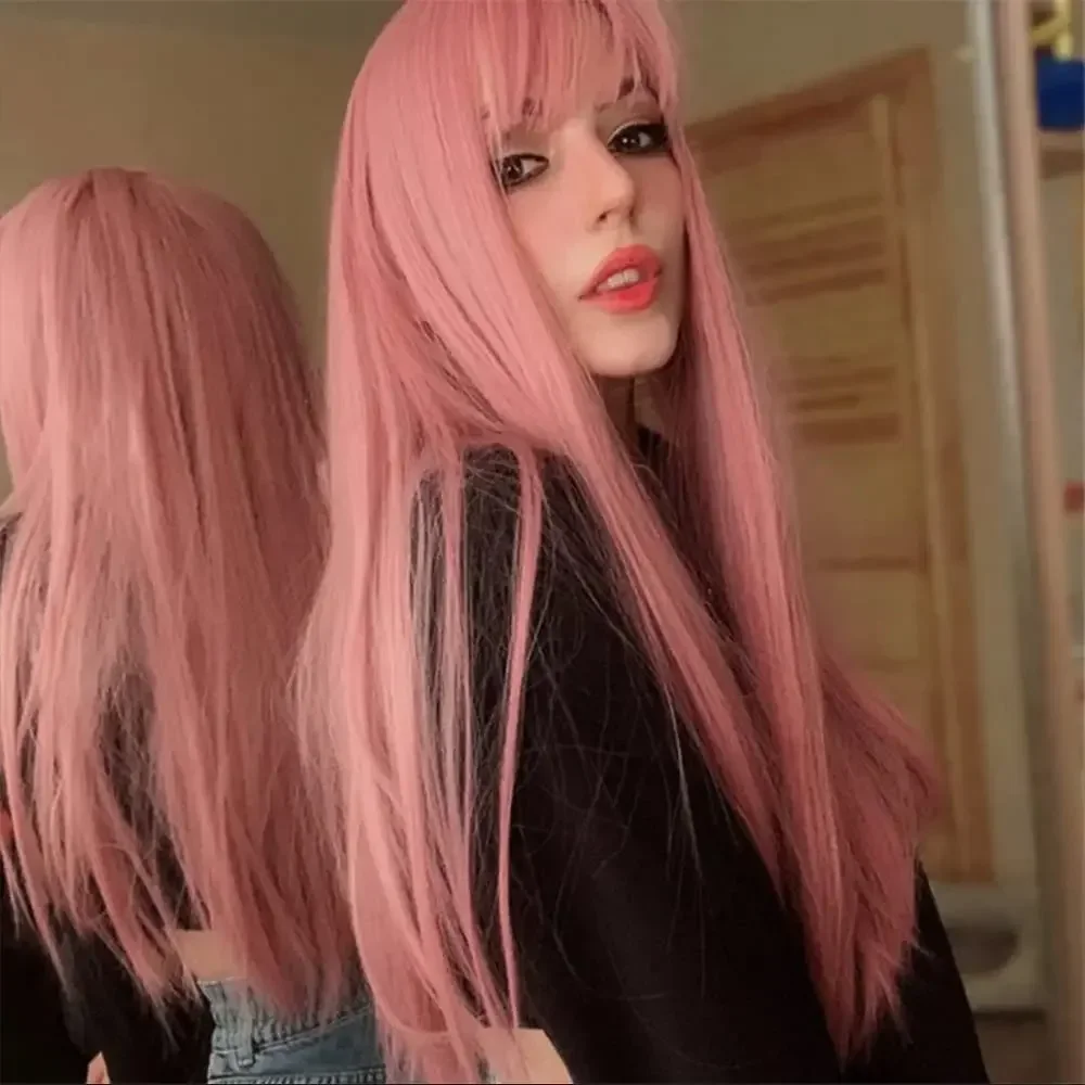 

Pink Long Straight Synthetic Wig with Air Fringe for Women Heat Resistant Full Head Cosplay Party Daily Wear Halloween