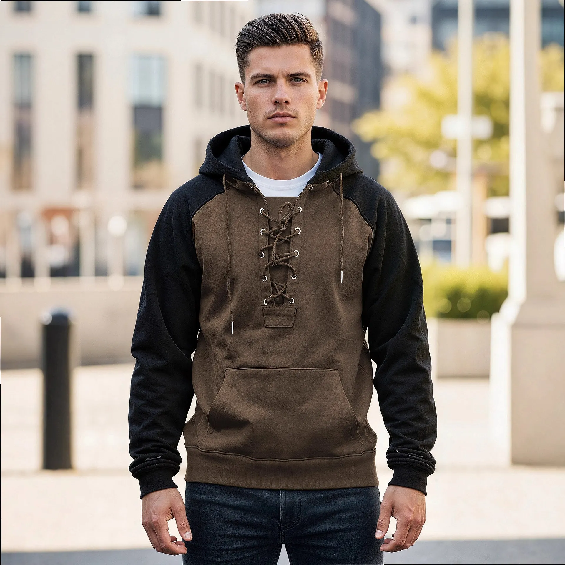 Men's Hooded Drawstring Sweatshirt Hoodie Pullover Colorblock Casual Top Spring Summer
