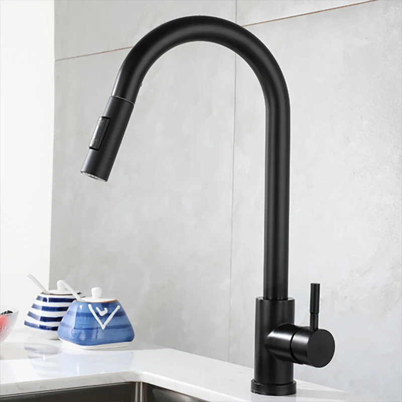 Black Kitchen Faucet Two Function Single Handle Pull Out Mixer Hot and Cold Water Tap Deck Mounted Stream Sprayer Head