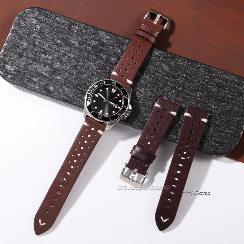 Breathable Retro Genuine Leather Watchband Oil Wax Discoloration Cowhide Leather Strap 20 22mm High Quality Business Watch Band image 4