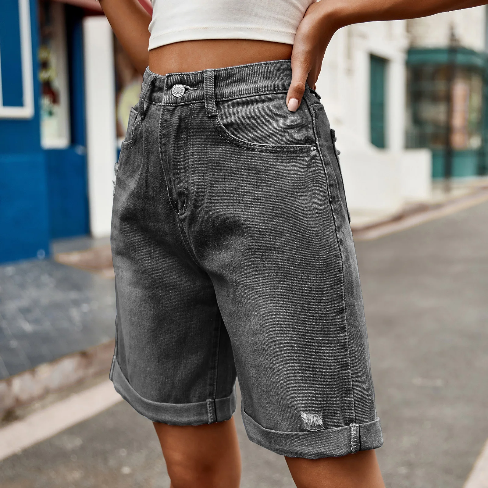 High Waist Denim Shorts Women's Street Style Torn Cuffed Five-Point Jeans Shorts Casual High Elastic Cotton Fabric