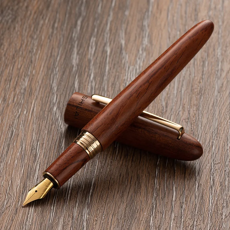 Huashi Lai 206 Wooden Hand Polished Fountain Pen with 26 Pointed Sandalwood Handle for Calligraphy Practice Ink Bag