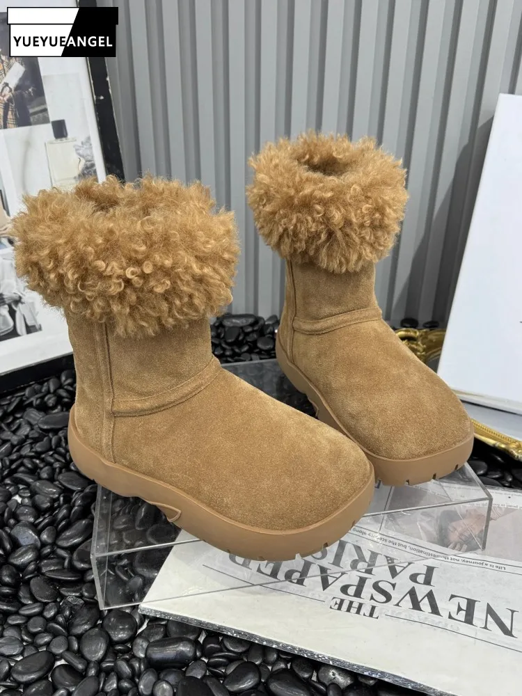 

Korean Style Cow Suede Thick Soled Women Snow Boots Autumn Winter Warm Fleece High Top Shoes Casual Round Toe Ankle Footwear