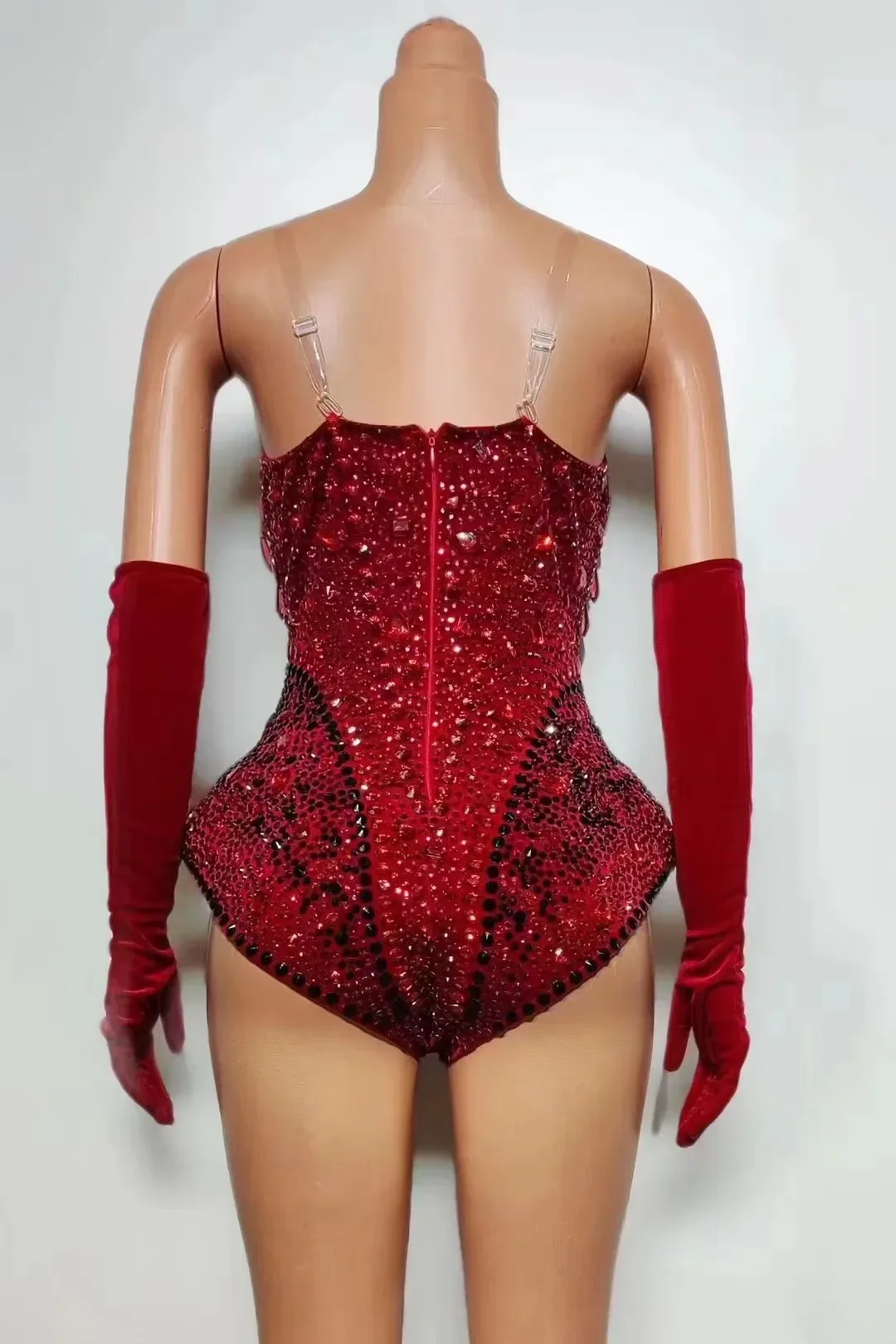 Red Diamond outfit cowgirl Rhinestones Deep V Neck Bodysuit Gloves Hats Performance Dance Costume Singer Dancer Show Stage Wear