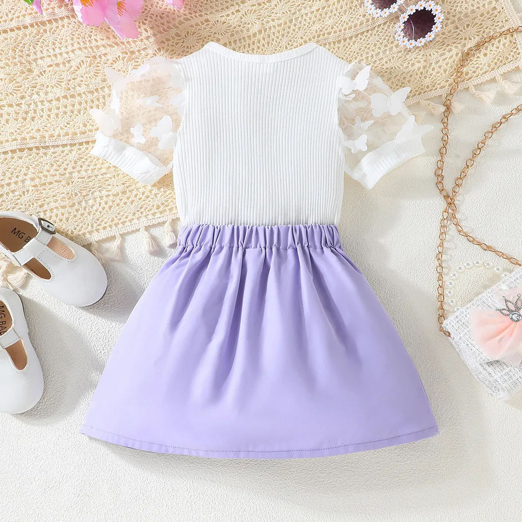 Kid Girl Puff Tulle Sleeve Bow Blouse and Elastic Pleated Skirt Summer Outfit Toddler Infant Clothing Set Kids Wear Ootd