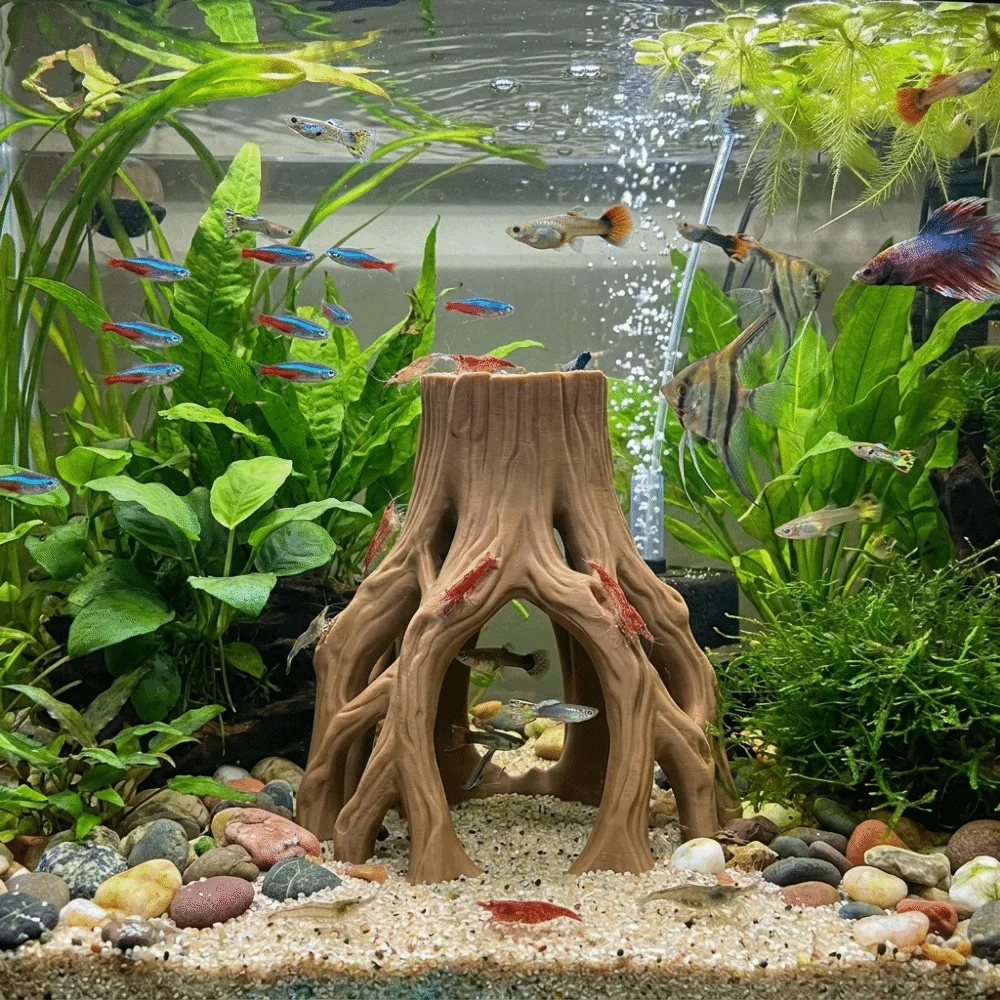 Decoración para acuarios con forma de tocón de árbol impreso en 3D, hecha de plástico, con múltiples orificios, para crear un paisaje acuático, refugio irregular para camarones y otros animales acuáticos.