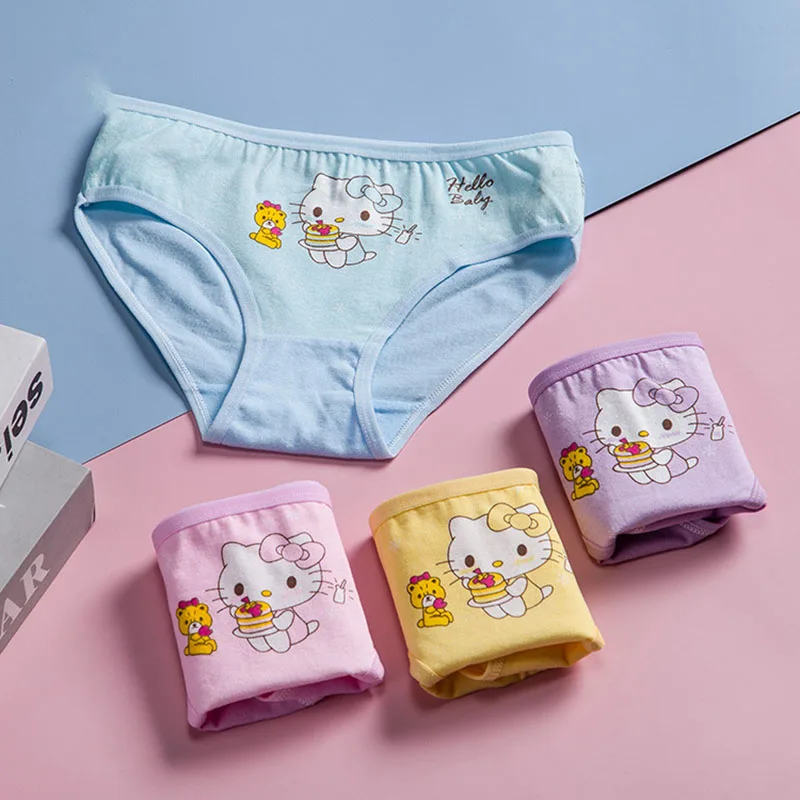 4pcs Hello Kitty Girls Triangle Cotton Panties Cartoon Four Color Bottoms Children's Panties Briefs for 2-10years Kids for Gifts