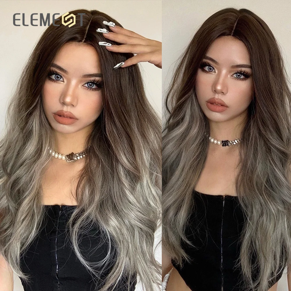 ELEMENT Synthetic Wigs For Women Ombre Brown to Silver Grey Dark Roots Long Wavy Party Daily Use Heat Resistant Fiber Fashion