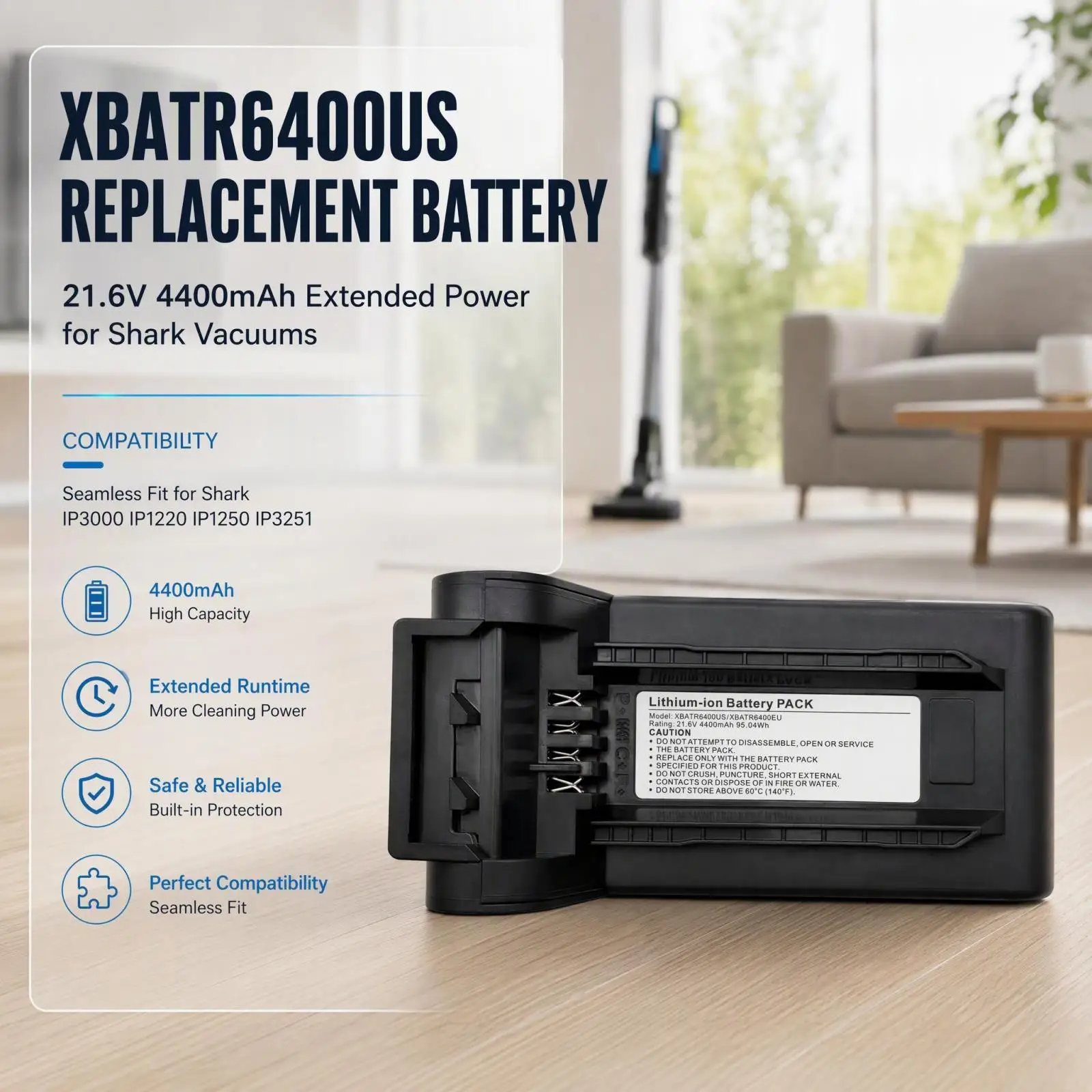 XBATR6400US XBATR640EU 21.6V 4400mAh Replacement Battery for Shark Vacuum IP3000 IP1220 IP1250 IP3251