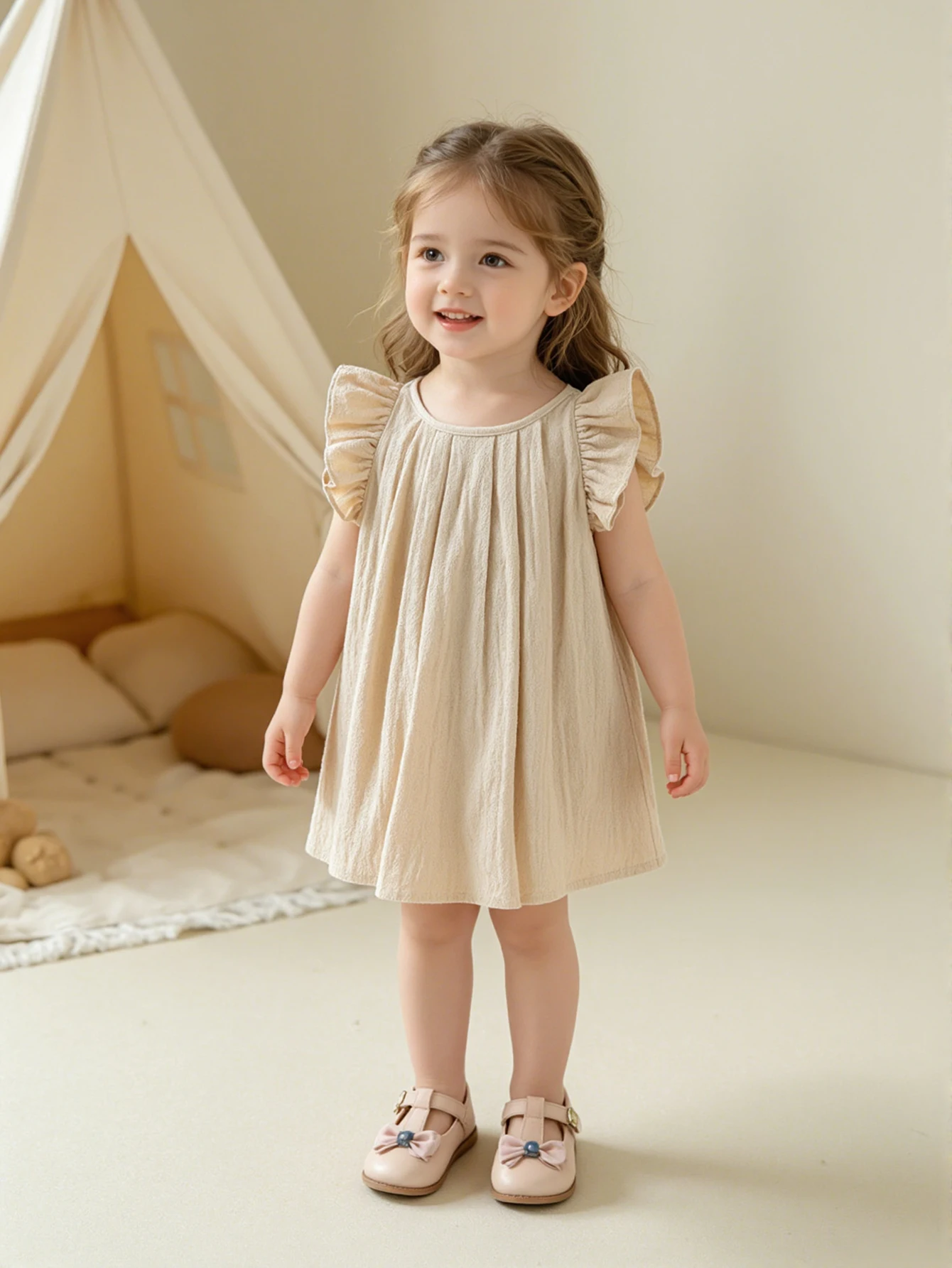 

Girls Spring Summer New Arrival Flutter Sleeve Dress, Pleated Decoration Knee-Length Solid Color Casual Kids Dress