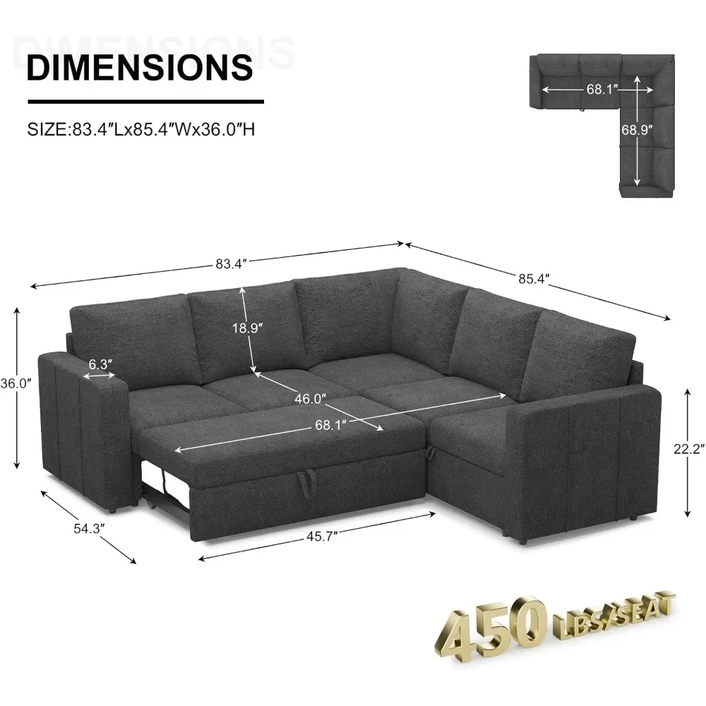 Modular Sectional Sleeper Sofa with Pull Out Couch, L Shaped Sleeper Pull Out Bed