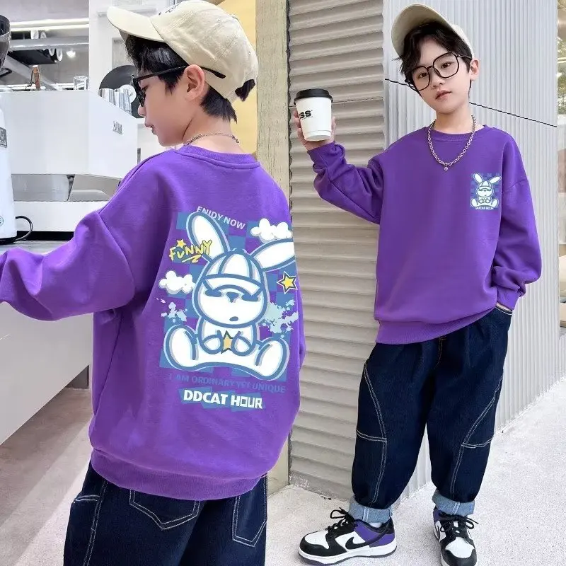 2023 Creative Cartoon Print Rabbit Casual Sweatshirts Spring & Autumn Kids Clothes Boys Girls Fashion Versatile O-Neck Pullover