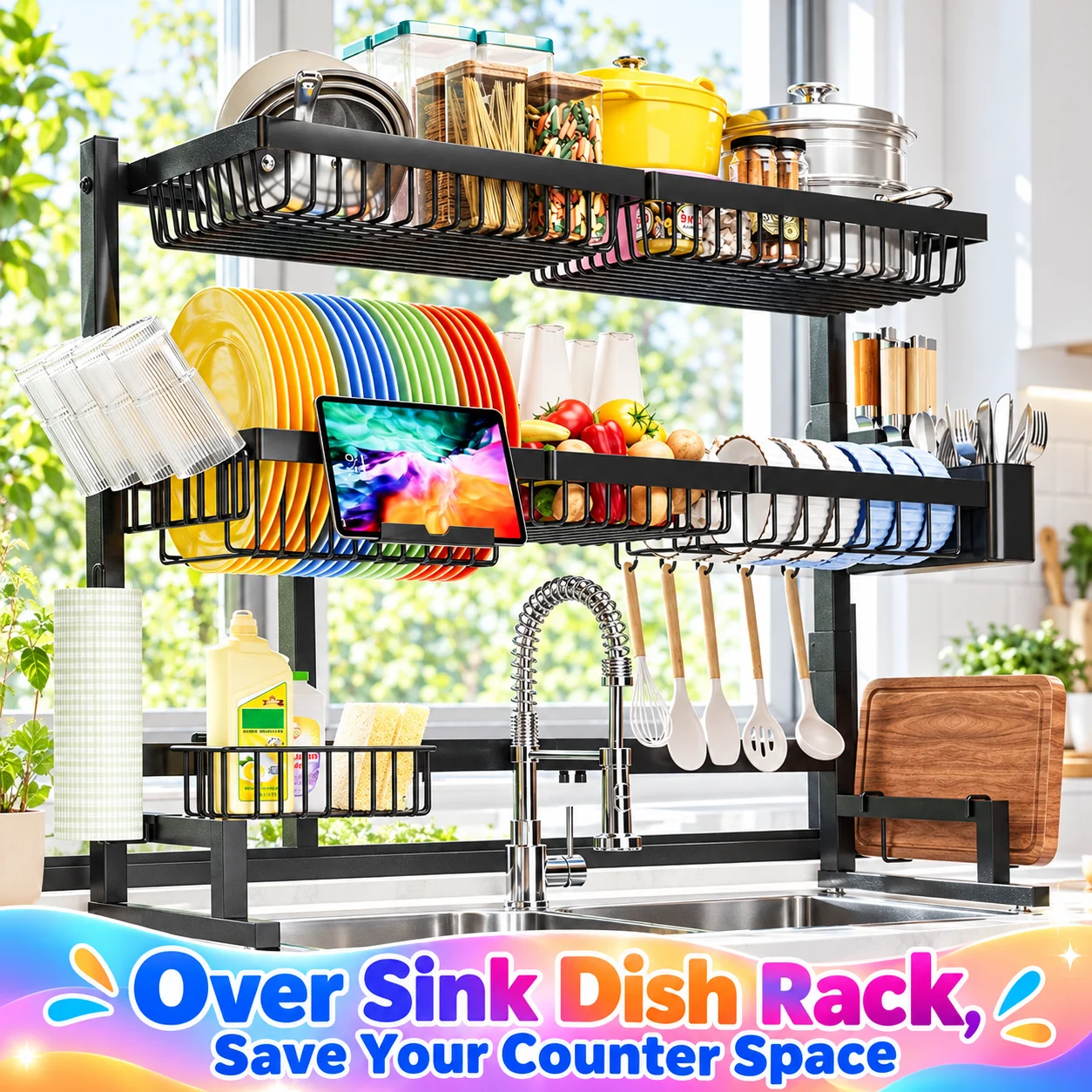 Over The Sink Dish Drying Rack, Expandable Height & Length, Snap-On Design, Large 3-Tier Kitchen Dish Rack, Black Metal, Removable DIY Accessories, Heavy Duty 100LB Load Capacity, 32.6-39.4L x 11.8W x 34.2-37.4H inches