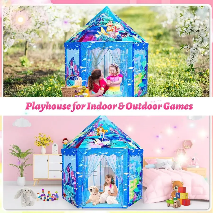 خيمة لعب حورية البحر للأطفال، بيت مسرح كبير للفتيات بعمر 312 عامًا، لعبة قلعة داخلية وخارجية للأطفال الصغار، 55 × 53 DxH
