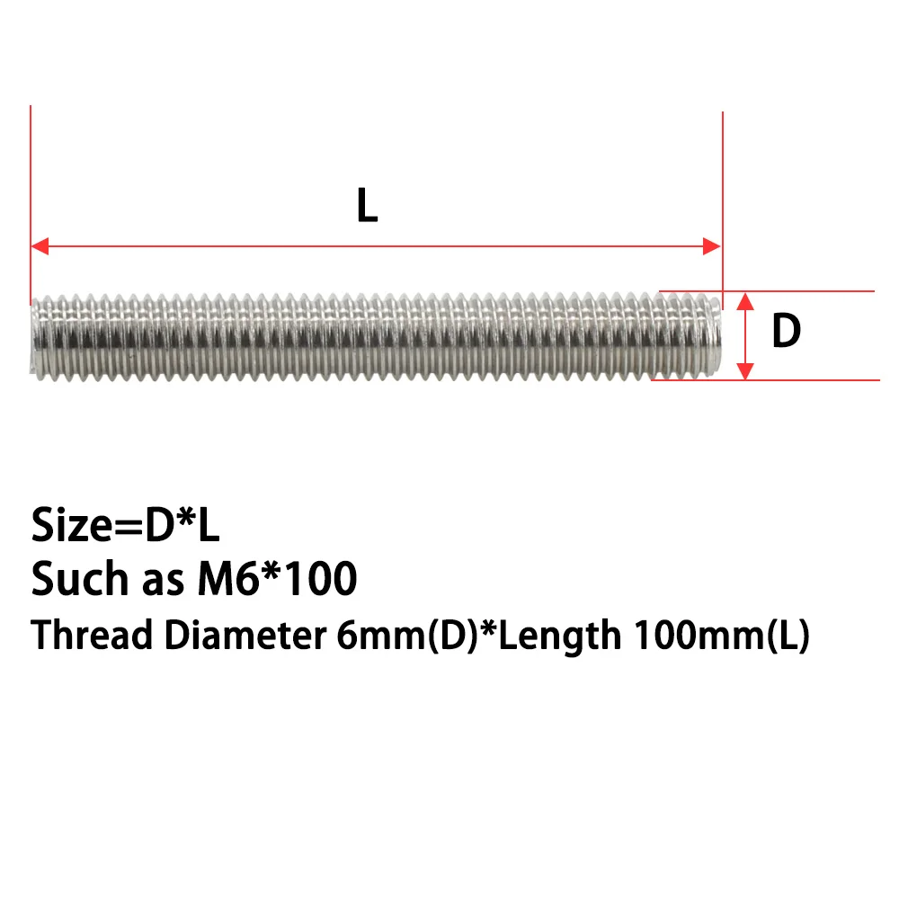 M3 M4 M5 M6 Full Threaded Rod 304 Stainless Steel Headless Thread Stud All‑thread Screw Bar Bolts Mechanical Assembly Fastener