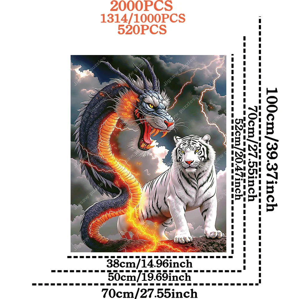 1000/2000/1314/520 قطعة أحجية الصور المقطوعة كبيرة جدًا للبالغين - معركة التنين والنمر الأبيض، الغيوم المظلمة المستوحاة من الآسيوية والضوء