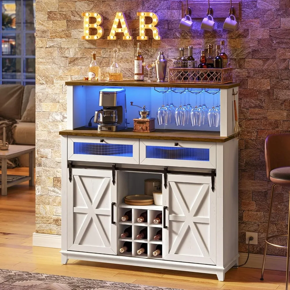 

Bar Cabinet,with Power Outlet And LED Lights,with 2 Sliding Barn Doors, With Drawers And Adjustable Shelves,display Cabinets