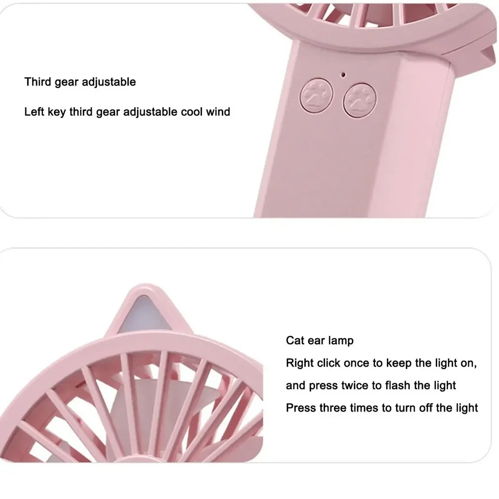 Mini Fan USB Rechargeable Adjustable 3 Speed Cute Cat Hand-Held/Desktop LED Lamp Cooler Ventilator