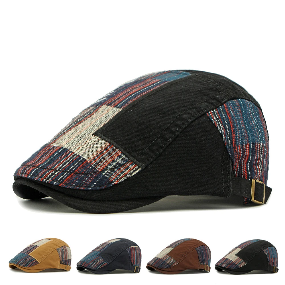 

Vintage Cotton Peaked Cap for Men & Women Casual Adjustable Newsboy Hat with Patchwork Design Sun Unisex Baseball Cap