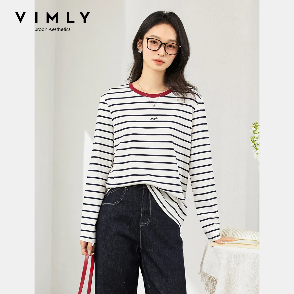 

VIMLY White Striped Long Sleeved T-shirt 2025 Autumn Women's Letter Embroidered Contrasting Color Crew Neck Ladies Tops A2032