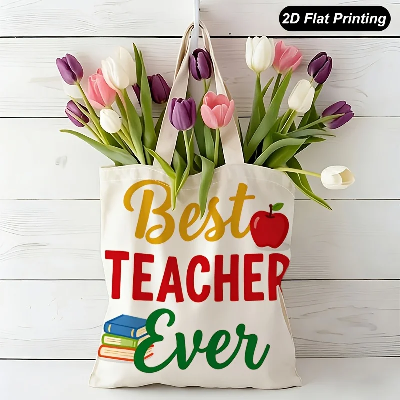 1pc Best Teacher Ever Books Canvas Handbag Storage Bag Reusable Grocery Shopping Bag for Daily Use Shopping Travel Tote Bag