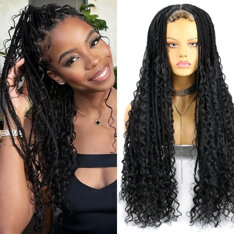 Boho Box Braided 4x4  Front Lace  Wigs Knotless Braided Wigs 32 Inch Curly Synthetic Double Lace Square Part Baby Hai for Women