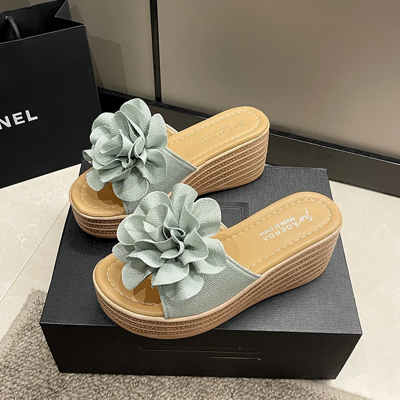 

Женские сандалии на танкетке 2026: Новинка лета, модные женские туфли на высоком каблуке, удобные уличные сандалии на платформе с цветочным декором