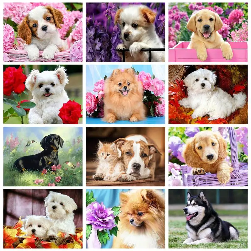 RUOPOTY Rhinestones Diamond Painting 5D DIY Gifts Jewelry Cross Stitch Dogs And Flower Mosaic Diamond Art Wall Decor For Adults