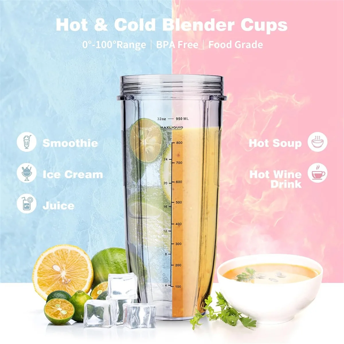 

ABIYY-For Ninja Blender Cups Replacement 32 Oz Cups Kit with Seal Lids BL450 BL480 BL486 BL487 BL492 BL494 BL642 BL682