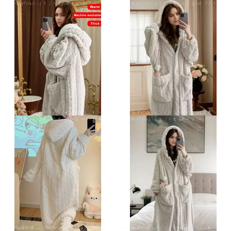 Women's Flannel Robe Autumn Winter Coral Fleece Long Loungewear Slouchy Sleep Robe Soft Warm Cozy Bathrobe Loose Housecoat For Indoor Home Wear Nightwear