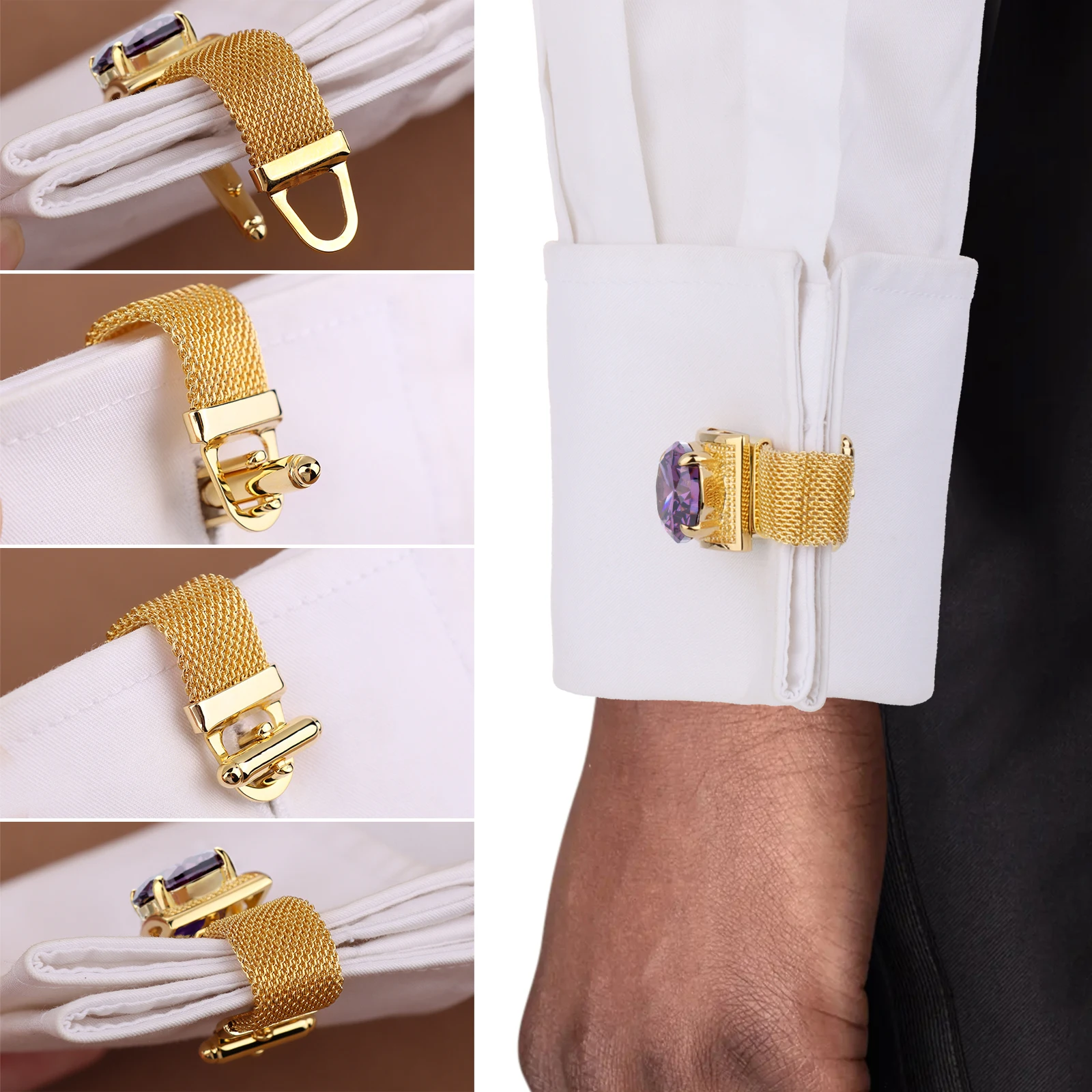 Men Birthstone Cufflinks Gold Mesh Chain Oval Crystal Zircon Cuff Links for French Shirt Birthday Gift for Men HAWSON