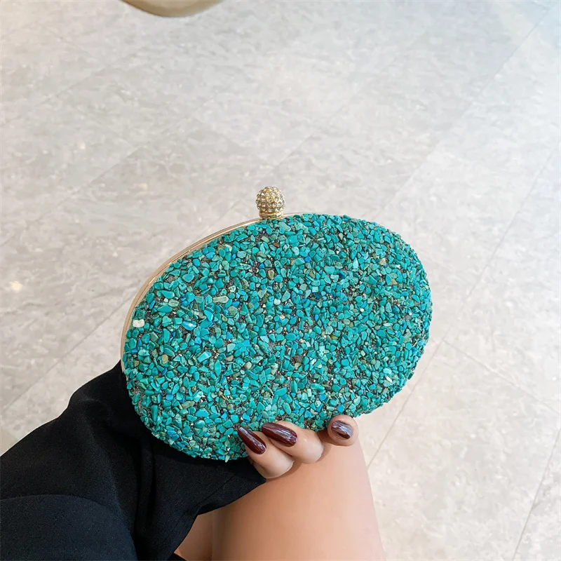 حقيبة سهرة عصرية بالحجارة بيج كرة مستديرة ثوب حفلة حقيبة انفصال مقبض الفيروز مخلب محافظ الزفاف للمرأة #4