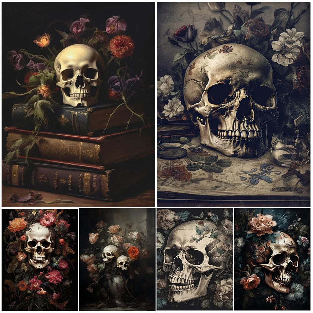 

Dark Floral with Skull Print,Dark Cottagecore Skull Poster,Vintage witchcraft Aesthetic,gothic wall art canvas painting decor