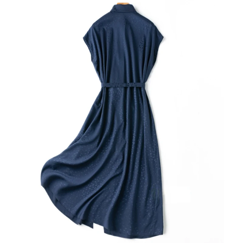 Women Silk Shirt Dress 93% Mulberry Silk 7% Spandex 20 Momme Jacquard Navy Belt Waist Collared Midi Dress M L XL MM930