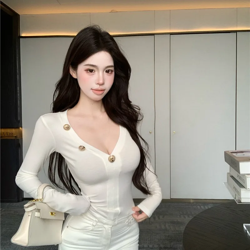 Sexy S-Curve V-Neck Long Sleeve T-Shirt Underwear Show Big Chest Pure Desire Live Broadcasters Commute Style Cotton Blend