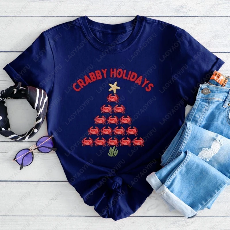 مضحك عيد الميلاد شجرة السلطعون الرجال النساء القطن التي شيرت المحيط الحياة عيد الميلاد الجمالية الشاطئ تيز العطلات البحرية عالم الأحياء عيد الميلاد القمم #5