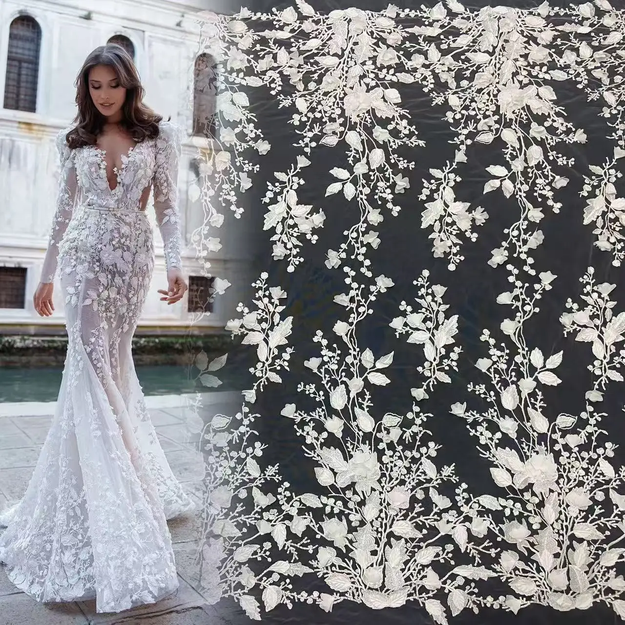 

Wholesale price for novias 3d flowers Lace Fabric fabrics for Bridal Wedding Dresses Spose Gowns accessories, width 130cm