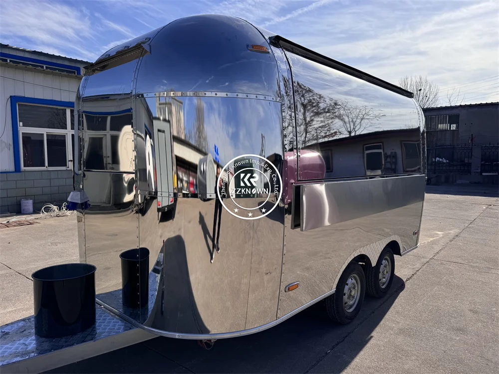 Street Food Trailer รถเข็นสุนัขร้อนสแตนเลส Airstream Fast Food Truck ห้องครัวมือถืออุปกรณ์ครบครัน Ice Cream Kiosk