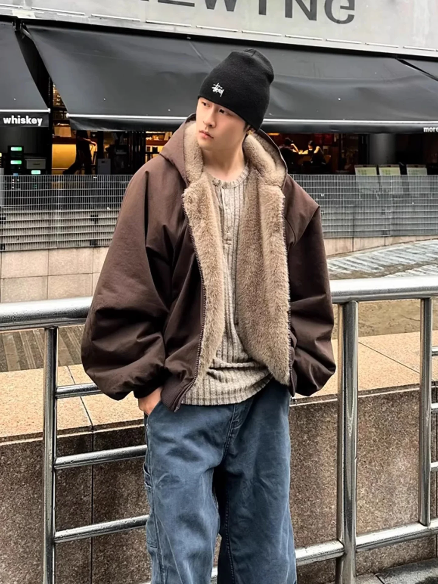 

Double-Sided Wear Lamb Fur Collar Hooded Cotton Jaet Men's Winter Thiened Warm High Street ort Sle Cotton Coat