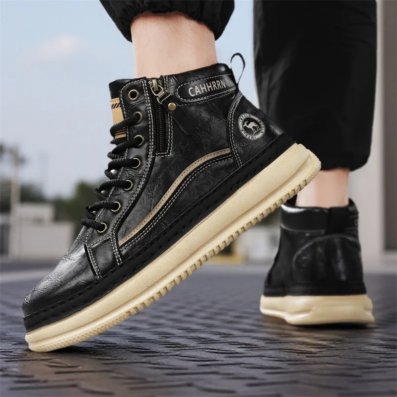 남성용 하이탑 스포츠 신발 겨울 신상 패션 레트로 아웃도어 여행 매칭 레이스업 표면 신발 편안한 캐주얼 스니커즈