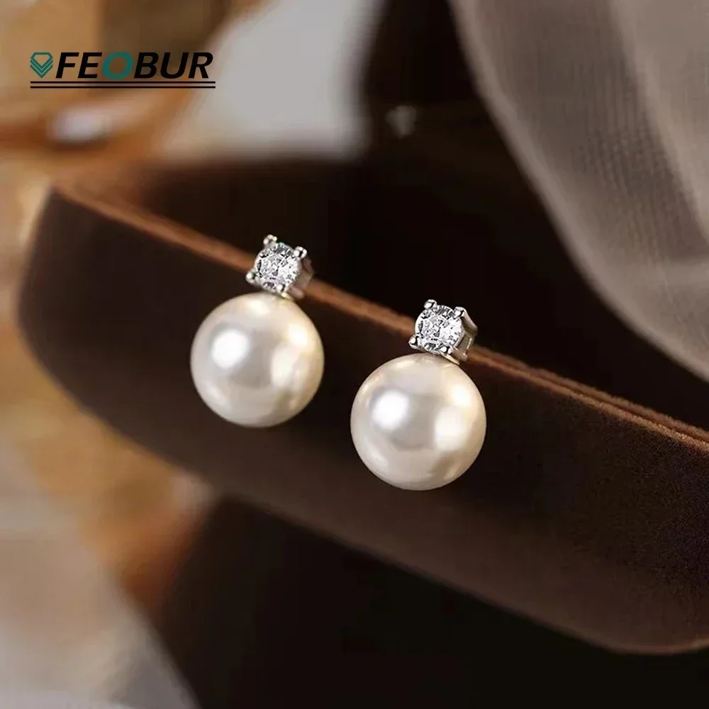 FEOBUR Real Moissanite Pearl Stud Earrings for Women 925 Sterling Silver Lab Diamond 9mm Pearl Drop Earring Wedding Jewelry Gift